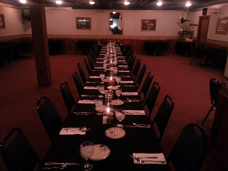 Long dining table in the banquet room of the Village Inn
